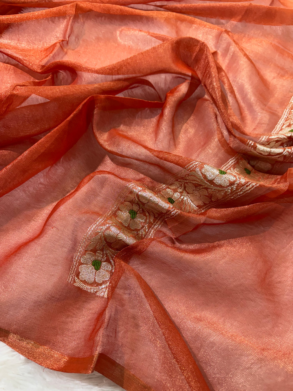 Rust Orange Pure Khaddi Tissue Chiffon Sona & Roopa Meenakari Banarasi Saree