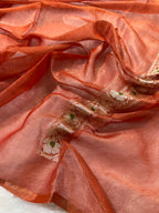 Rust Orange Pure Khaddi Tissue Chiffon Sona & Roopa Meenakari Banarasi Saree