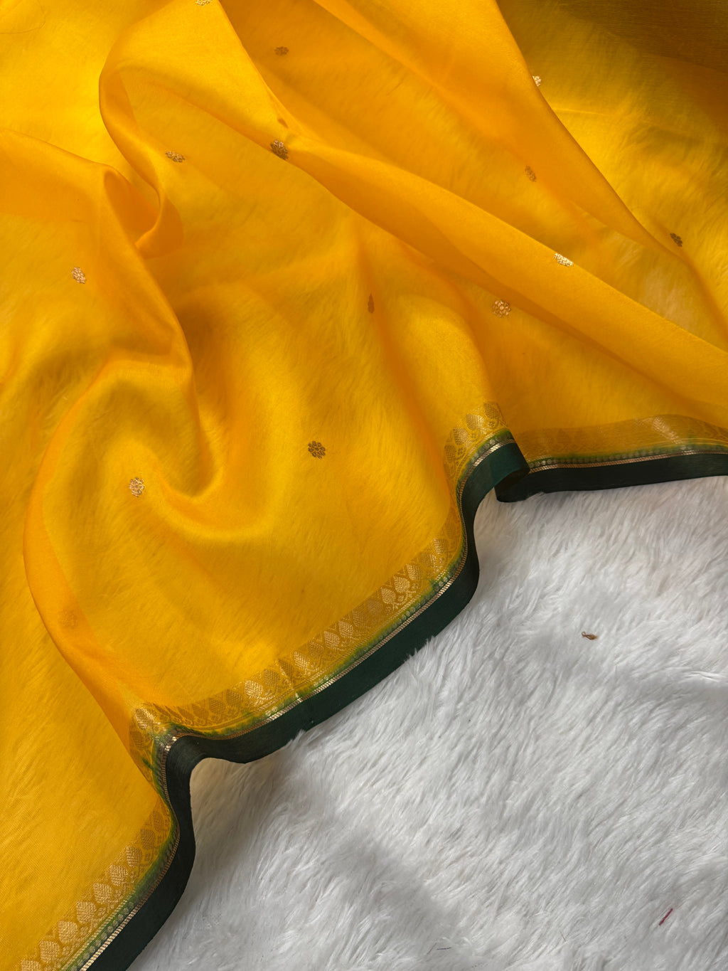 Mustard Yellow & Bottle Green Pure Kora Organza Silk Banarasi Saree