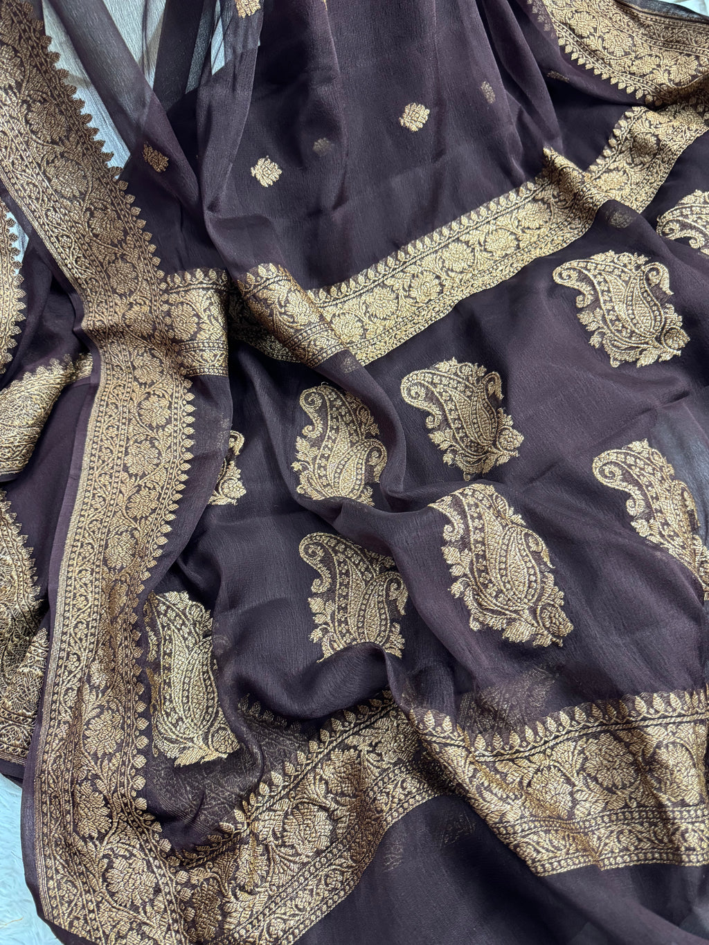 Chocolate Brown Pure khaddi Chiffon Silk Banarasi Saree