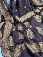 Chocolate Brown Pure khaddi Chiffon Silk Banarasi Saree