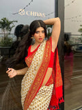 Off- White & Red Pure Khaddi Georgette Silk Banarasi Saree