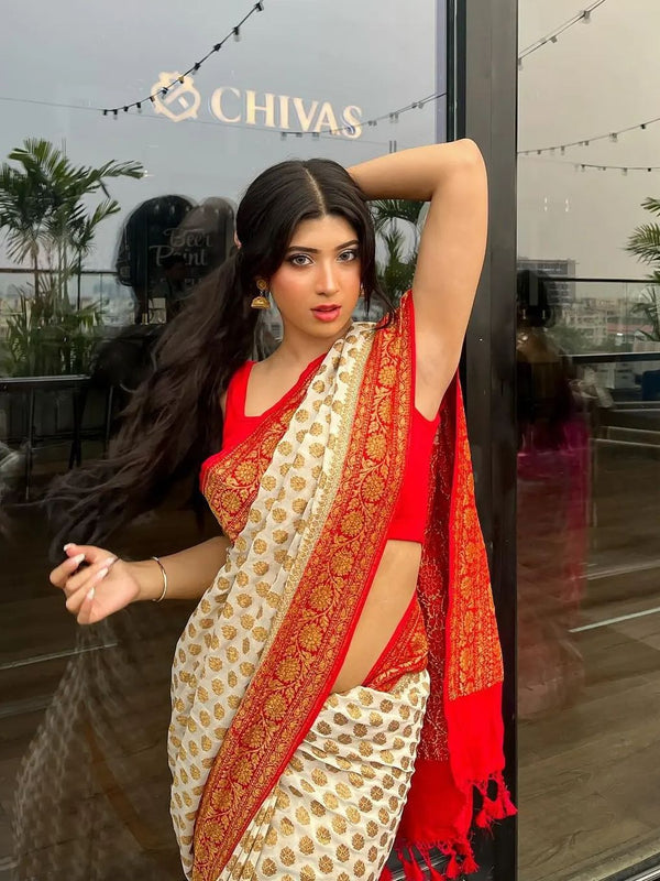 Off- White & Red Pure Khaddi Georgette Silk Banarasi Saree