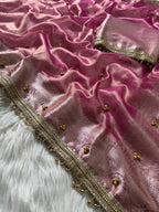 Pink Tissue Silk Saree With Golden Ghungroo Butti Work & Luxury Lace Border