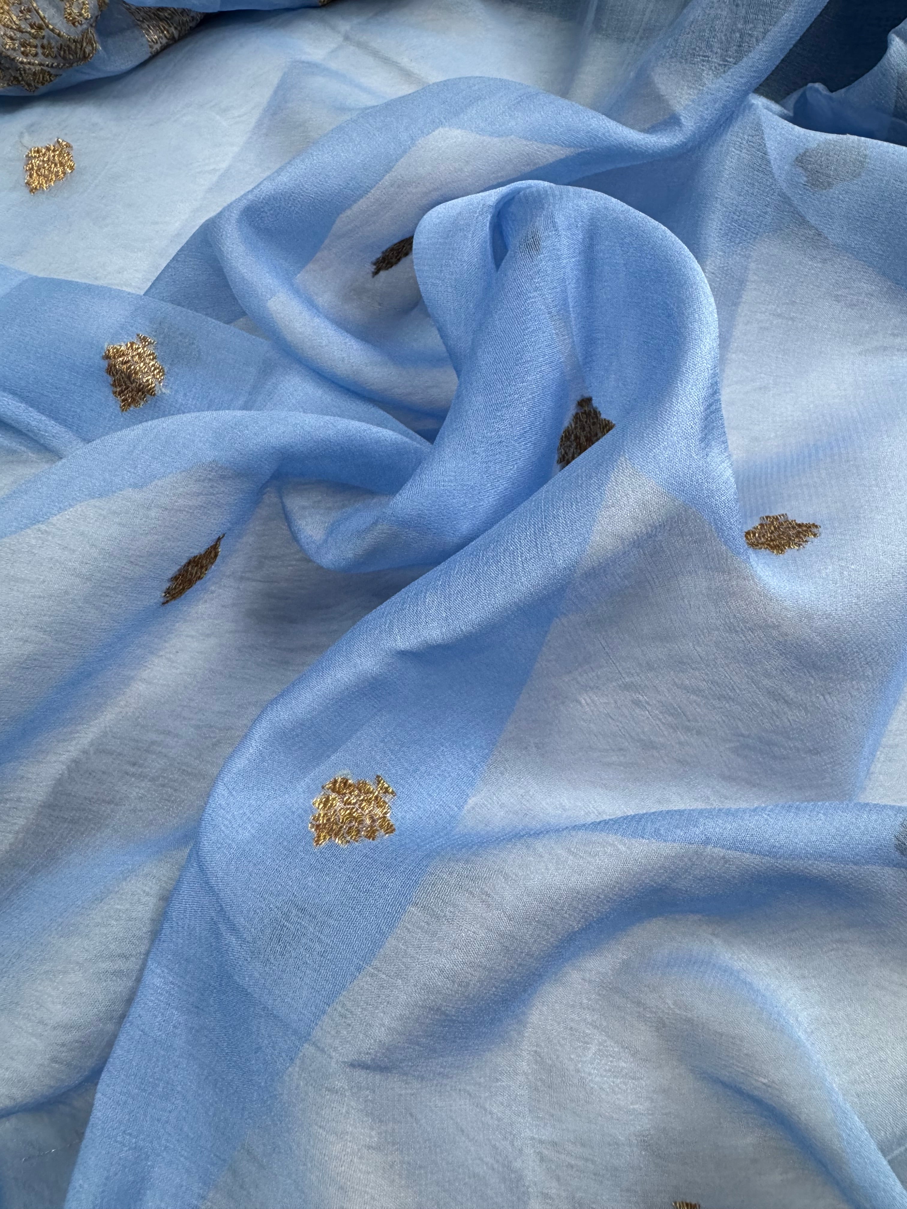 Powder Blue Pure khaddi Chiffon Silk Banarasi Saree