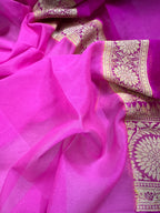 Rani Pink Rangkat Pure Chiffon Silk Banarasi Saree
