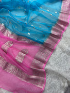 Firozi & Pink Pure Khaddi Chiffon Silk Banarasi Saree