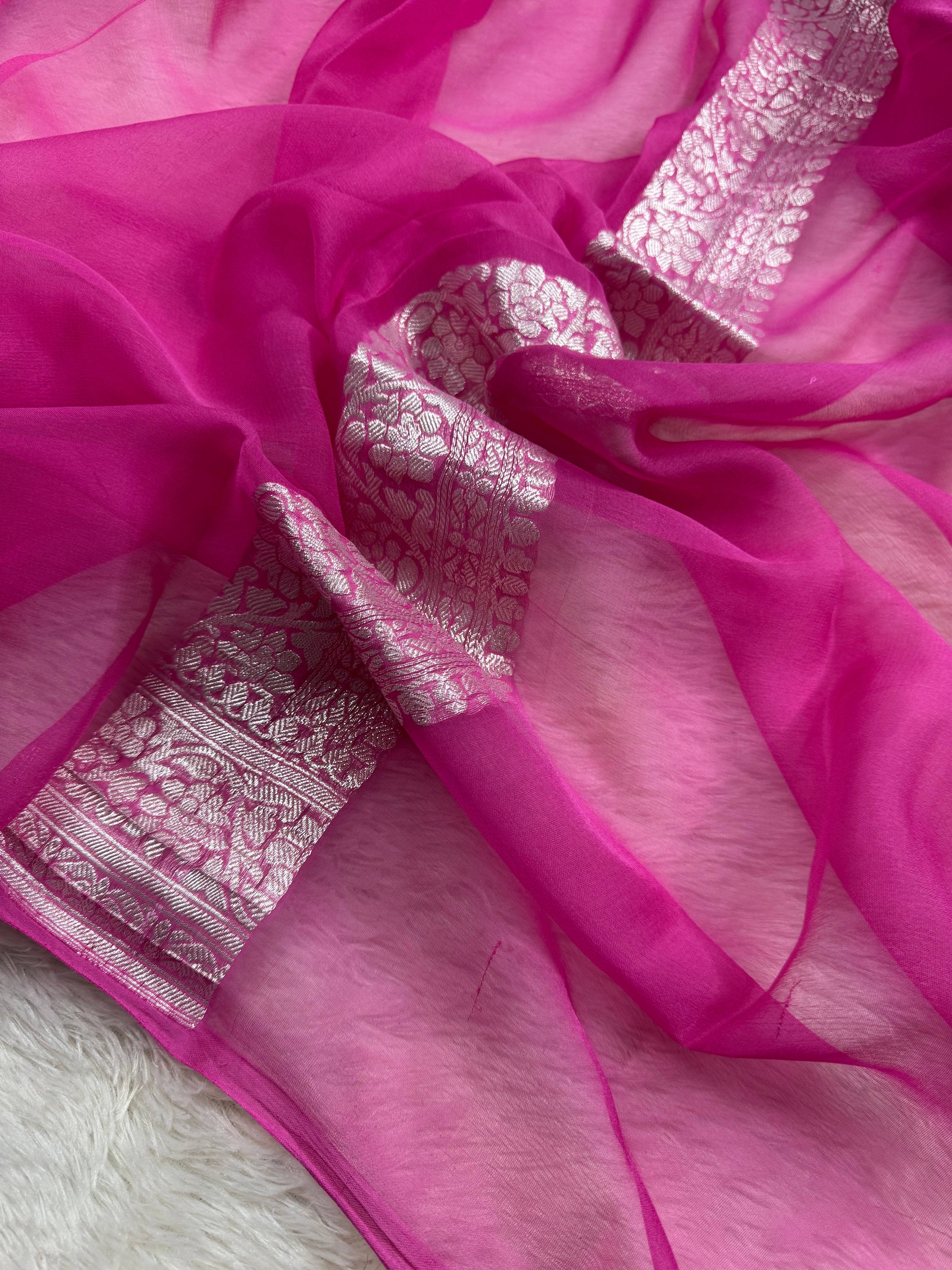 Fuchsia Pink Pure Khaddi Chiffon Silk Banarasi Saree