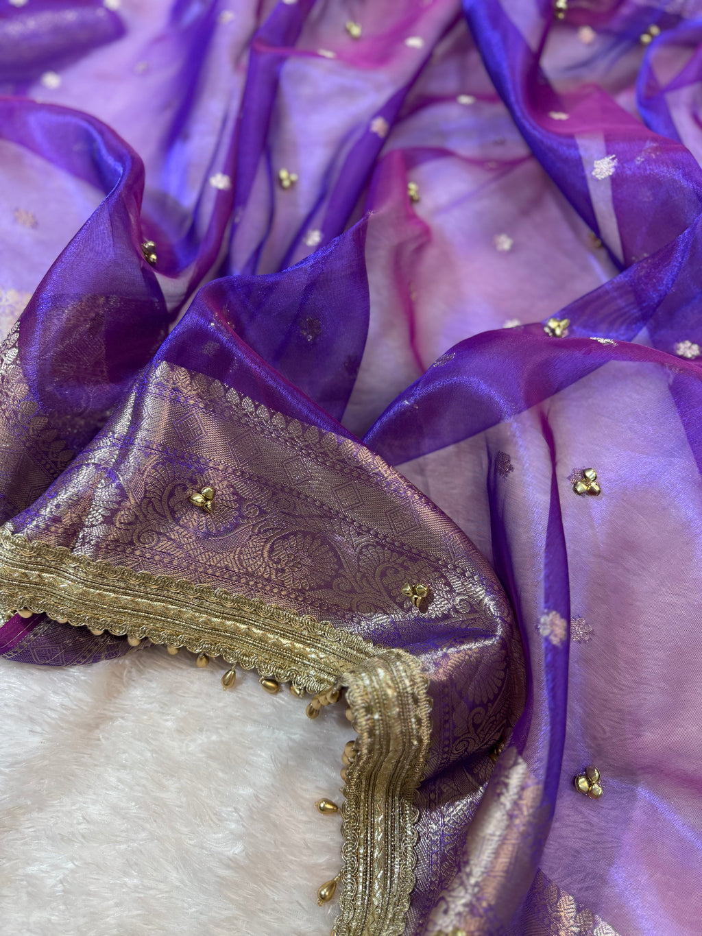 Purple Tissue Silk Saree With Golden Ghungroo Butti Work & Luxury Lace Border
