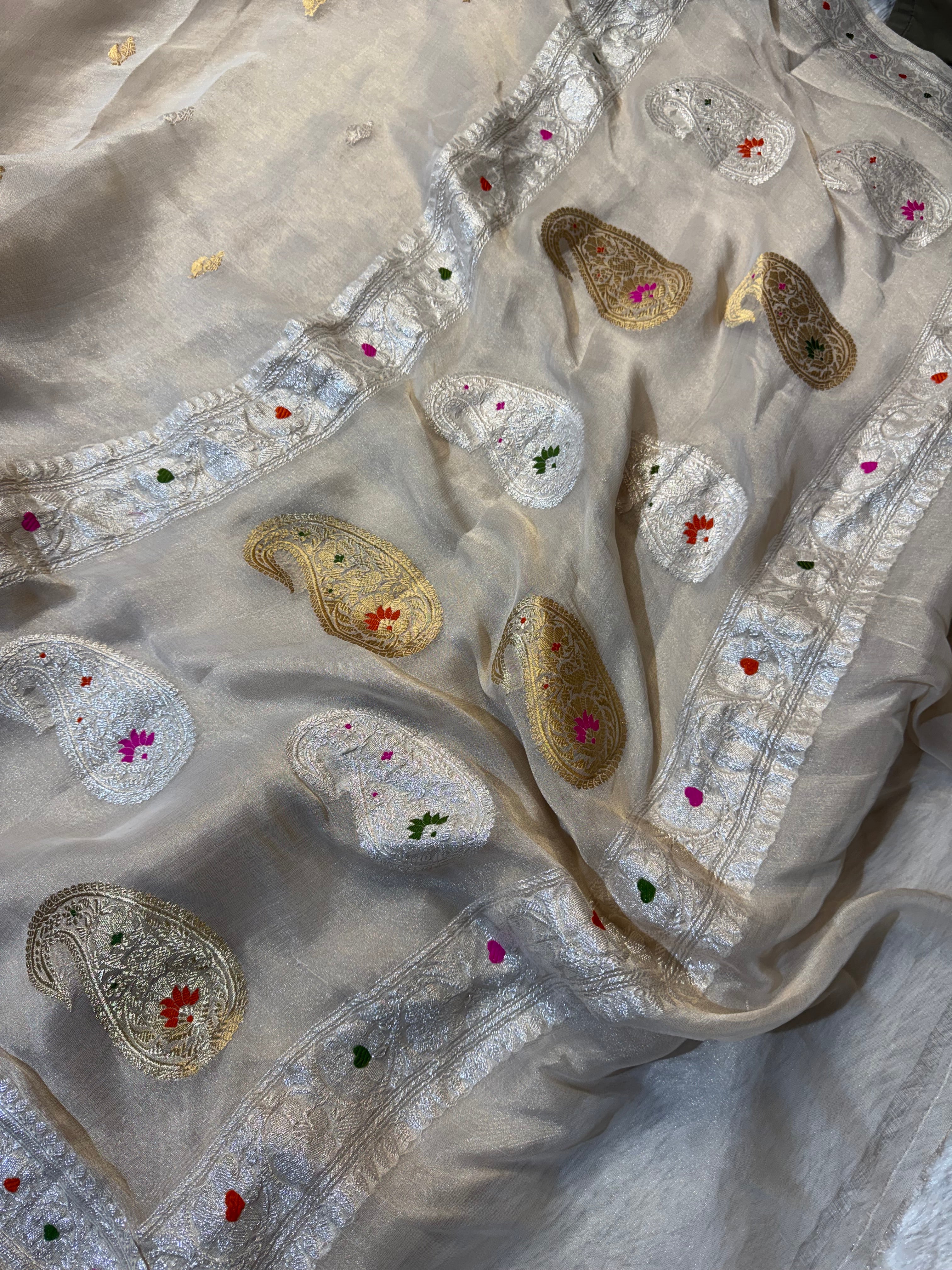 Natural Pure Khaddi Tissue Chiffon Sona & Roopa Meenakari Banarasi Saree
