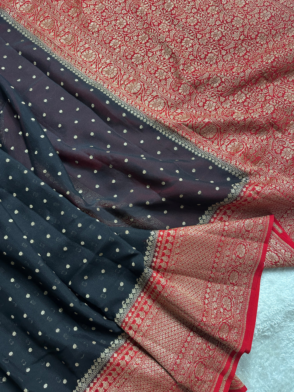 Black & Red Pure Khaddi Georgette Silk Banarasi Saree