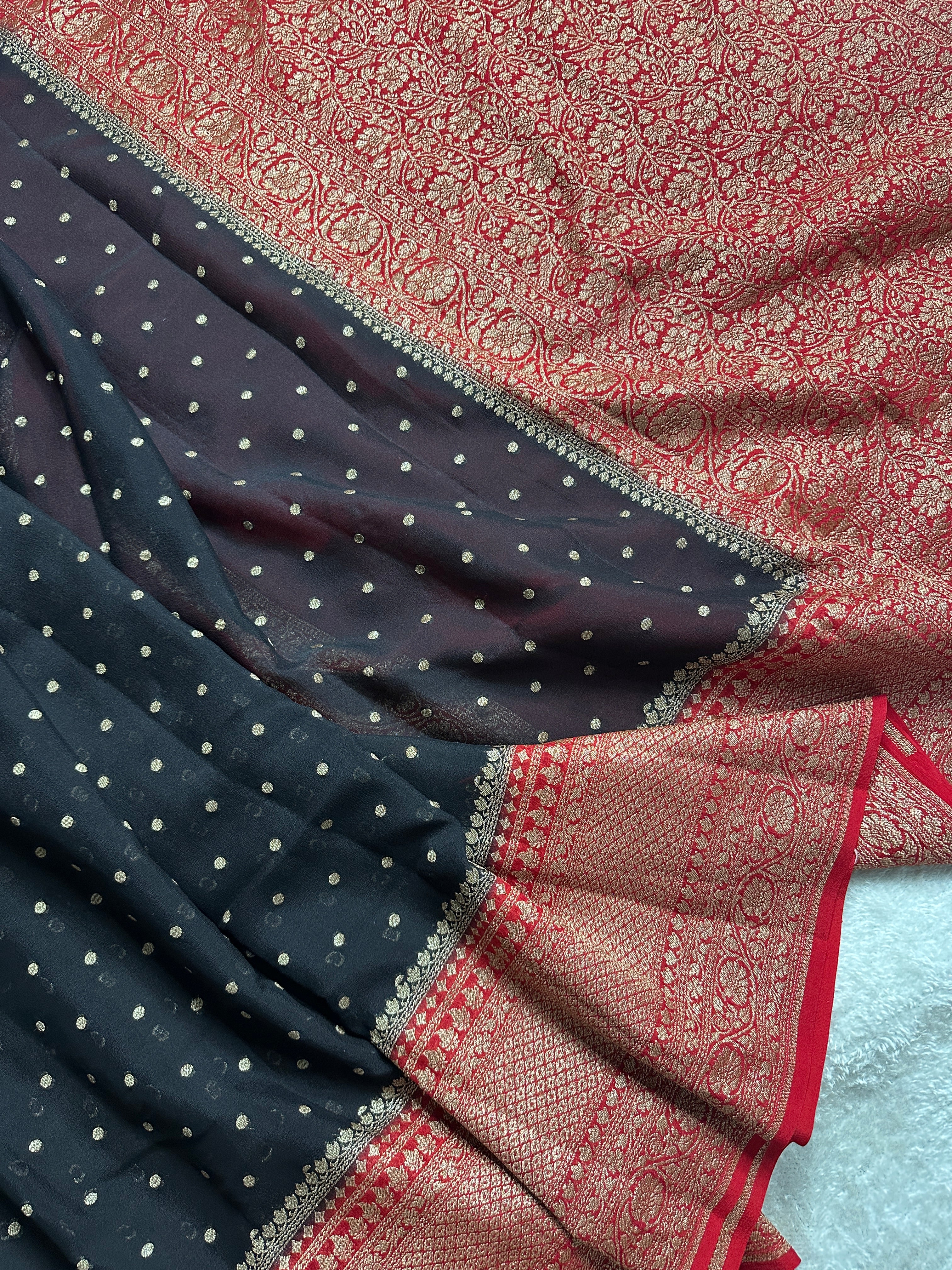 Black & Red Pure Khaddi Georgette Silk Banarasi Saree