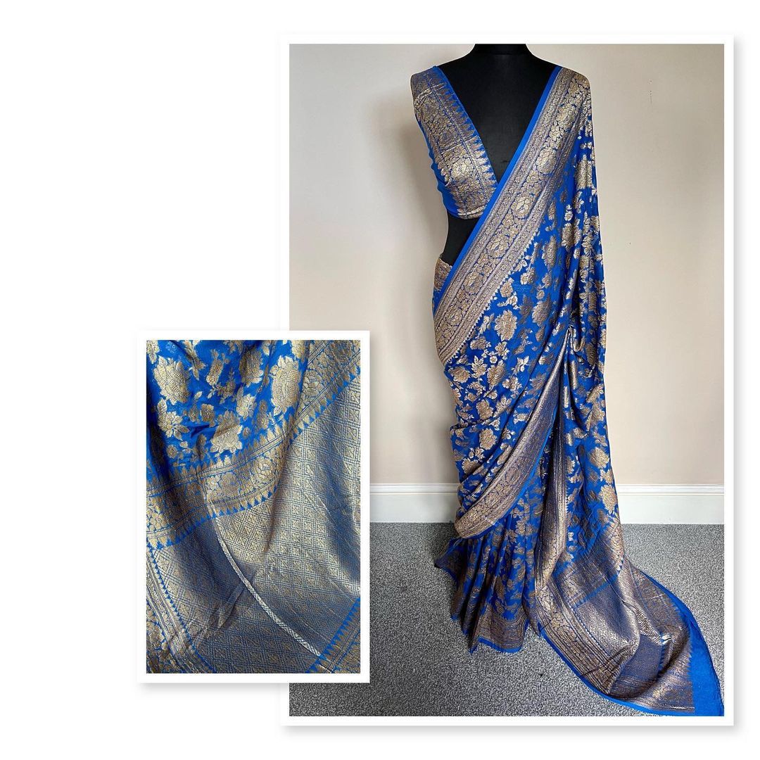 Royal Blue Pure Khaddi Georgette Silk Banarasi Saree