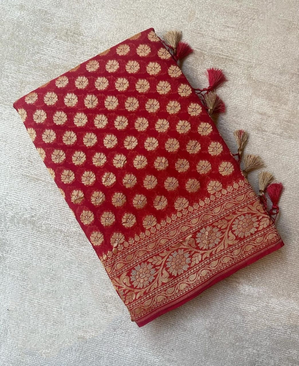 Red Pure Khaddi Georgette Silk Banarasi Booti Saree