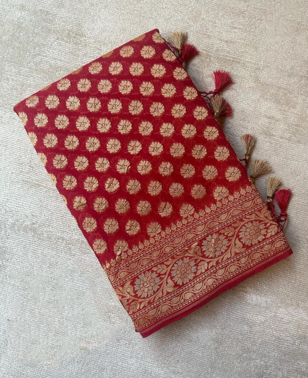 Red Pure Khaddi Georgette Silk Banarasi Booti Saree