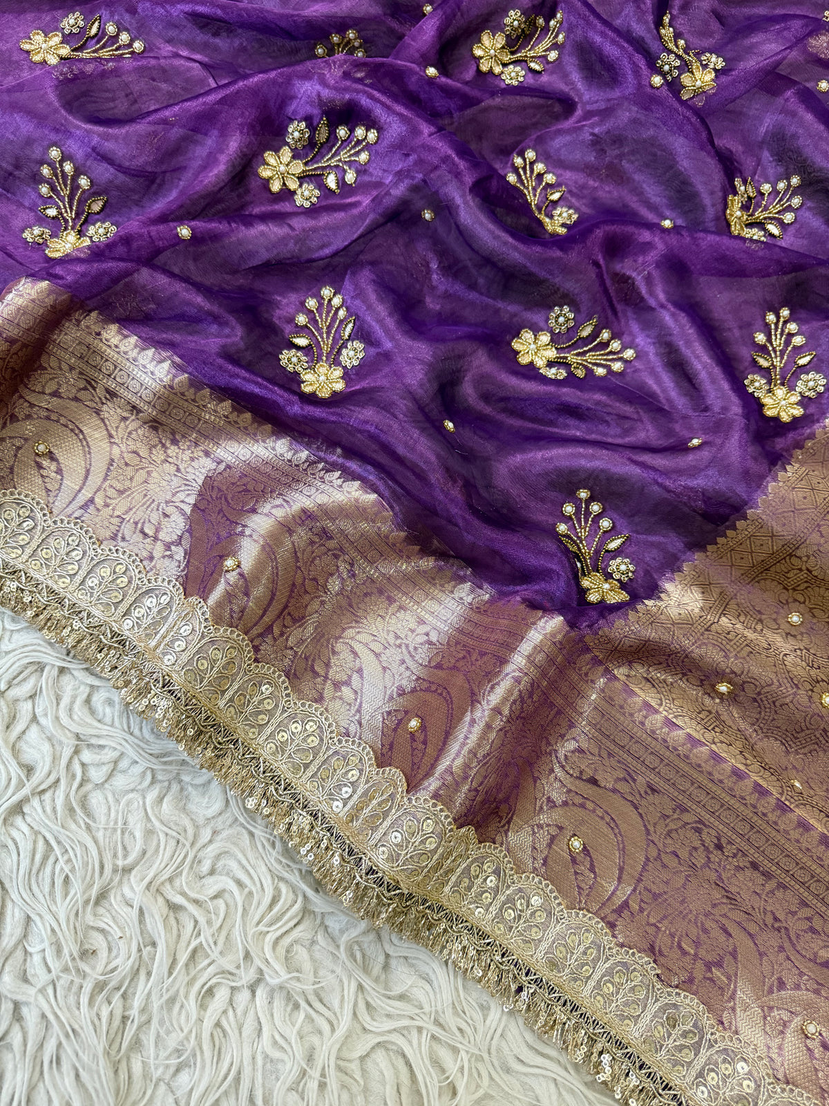 Purple Pure Banarasi Tissue Saree with Hand Work on all over Body with Intricate Border and Pallu Design Along with Gotta Patti Lace Work