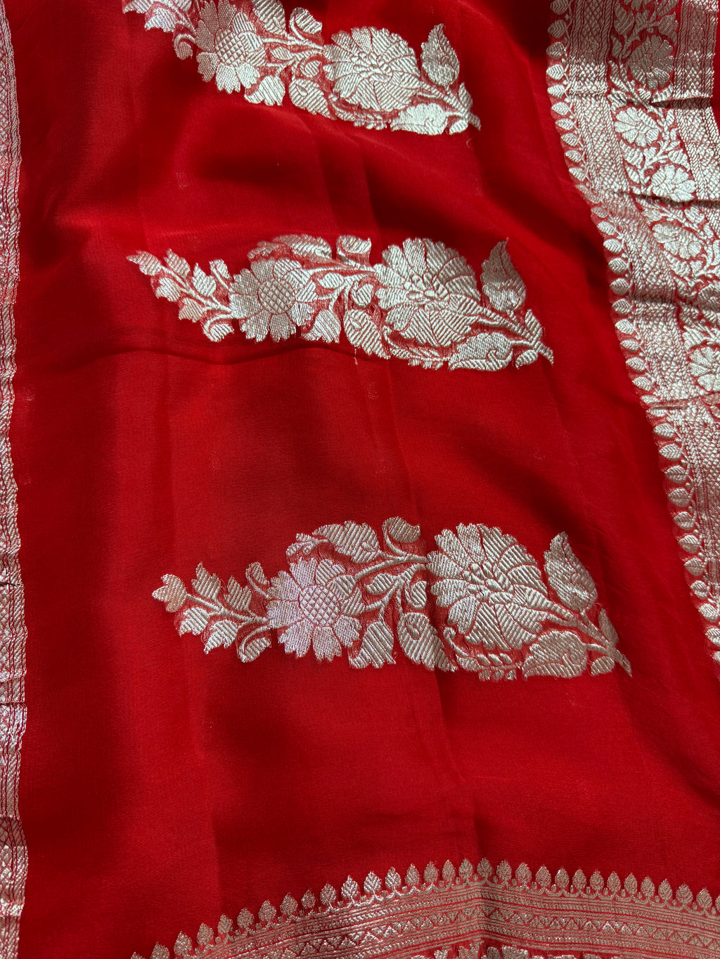 Red Pure Khaddi Chiffon Silk Banarasi Thousand Booti Saree