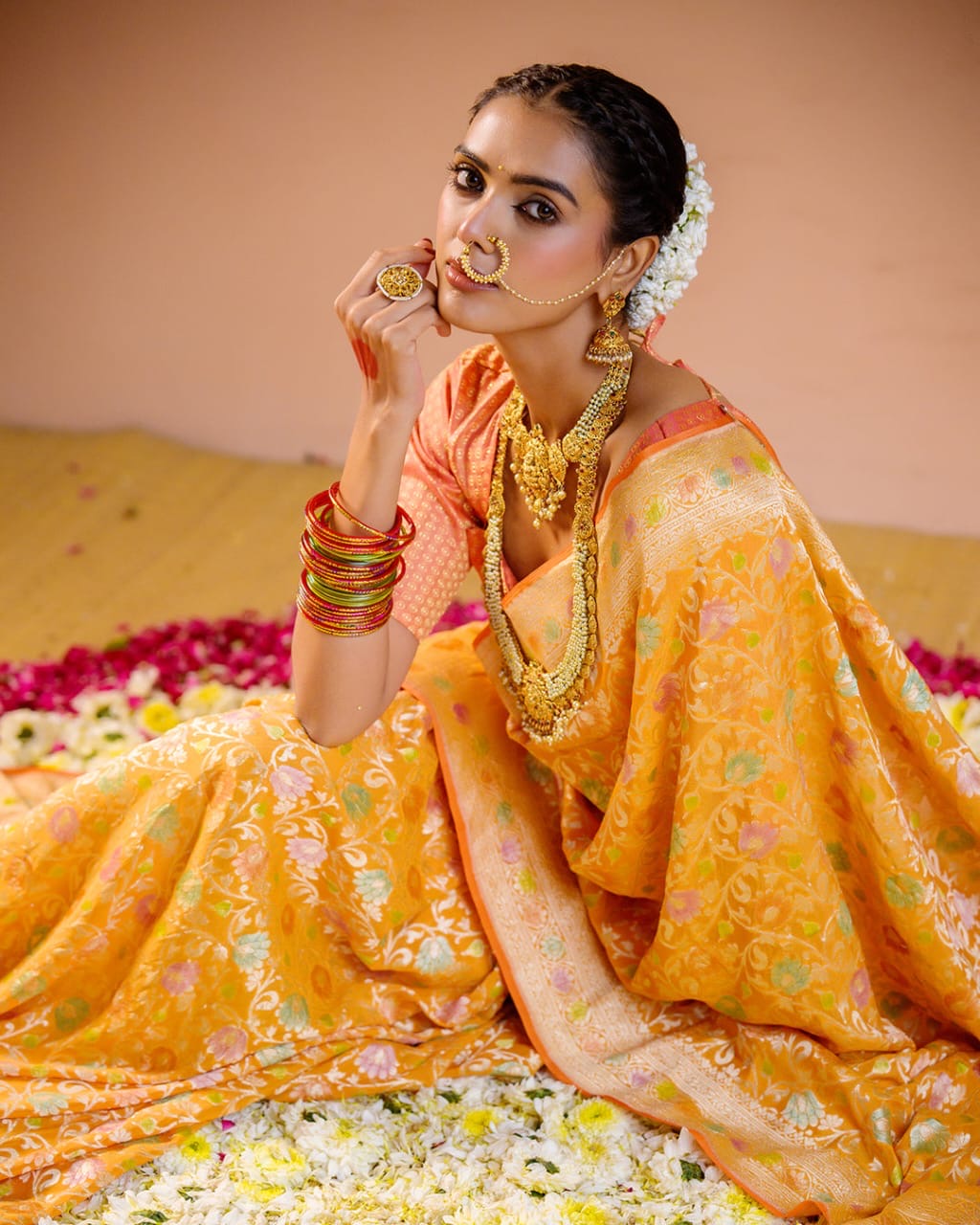 Mustard Orange With Handbrush Pure Khaddi Georgette Silk Banarasi Saree