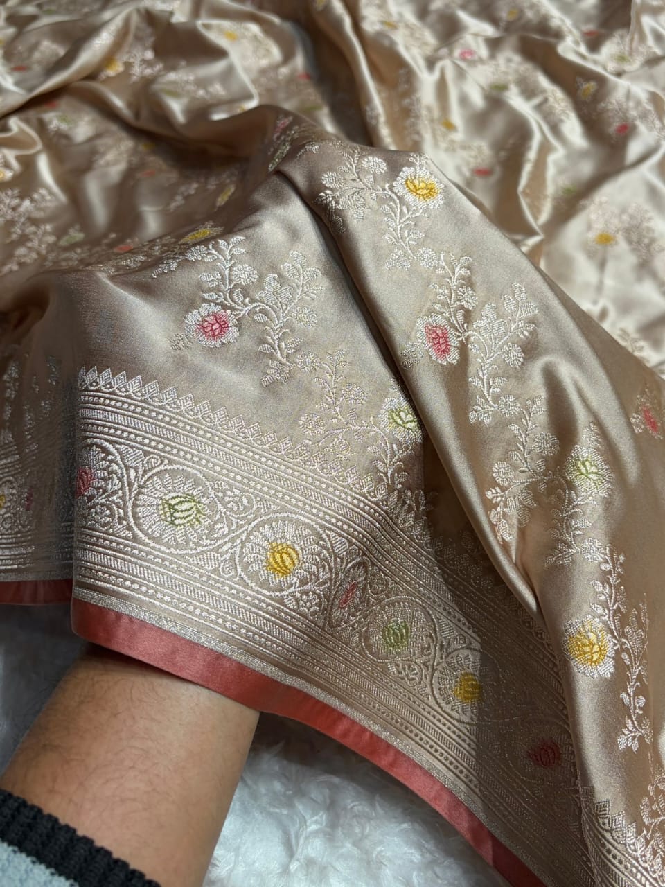 Light Golden Beige Meenakri Mashru Katan Silk Banarasi Saree