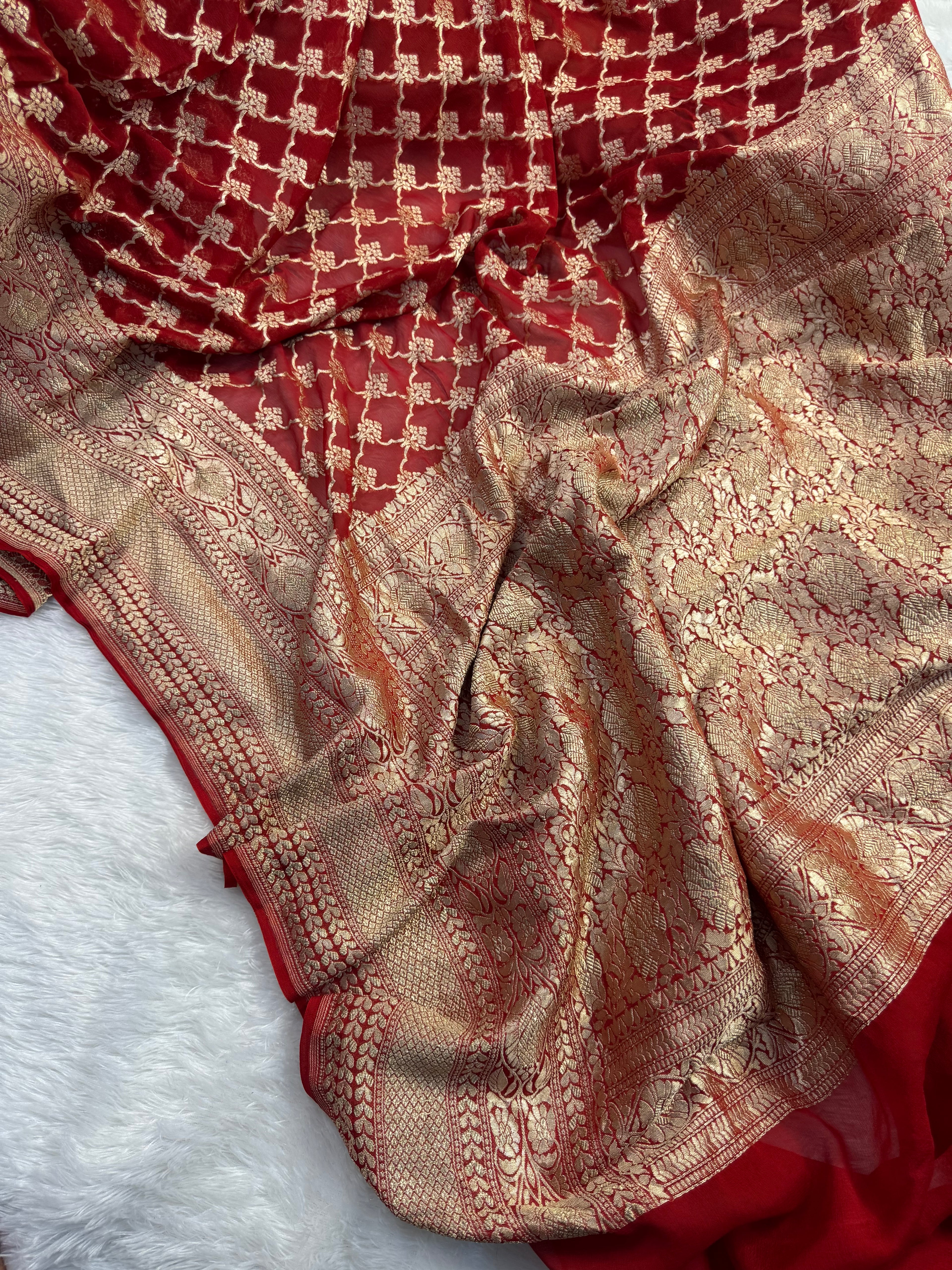 Rust Orange Pure Khaddi Georgette Silk Banarasi Saree