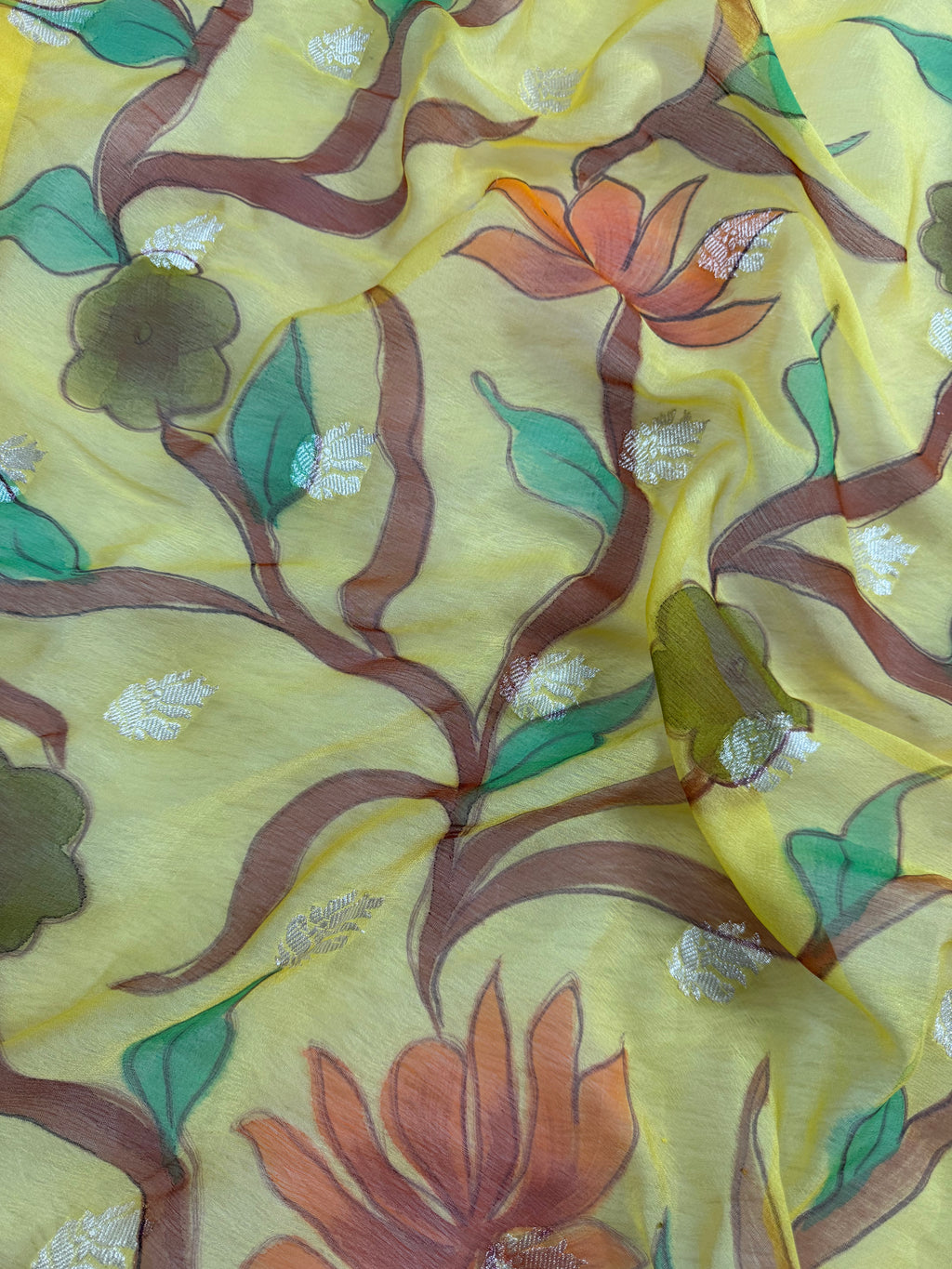 Yellow Handbrush Flowers Jall Designs Pure Khaddi Chiffon Silk Banarasi Saree