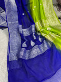 Royal Blue & Parrot Green Pure Khaddi Chiffon Silk Banarasi Saree