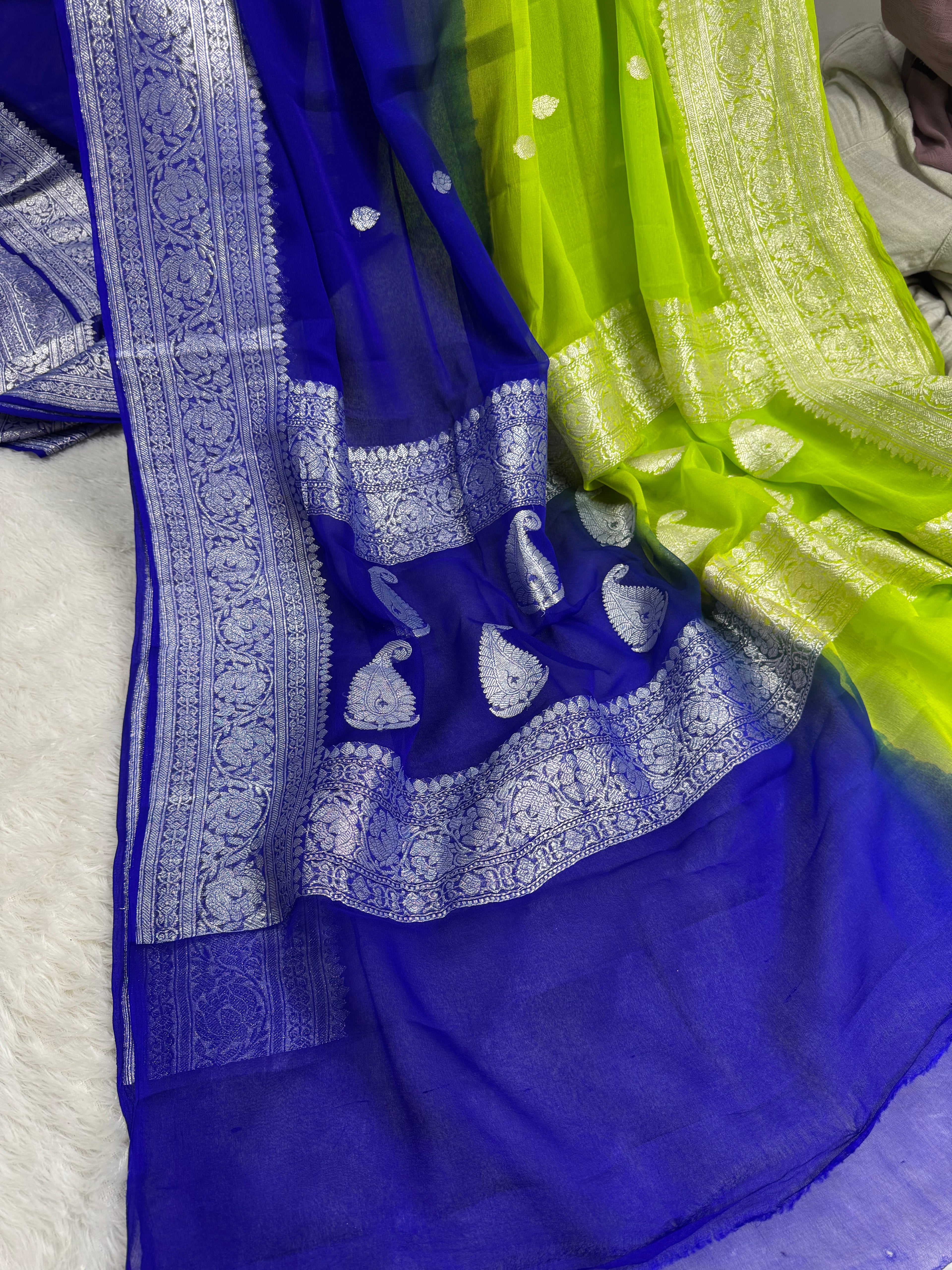 Royal Blue & Parrot Green Pure Khaddi Chiffon Silk Banarasi Saree