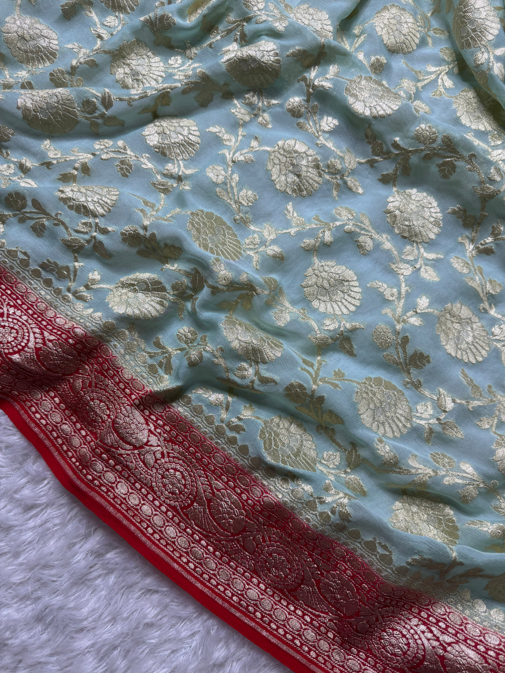 Pastels & Red Pure Khaddi Georgette Silk Banarasi Saree