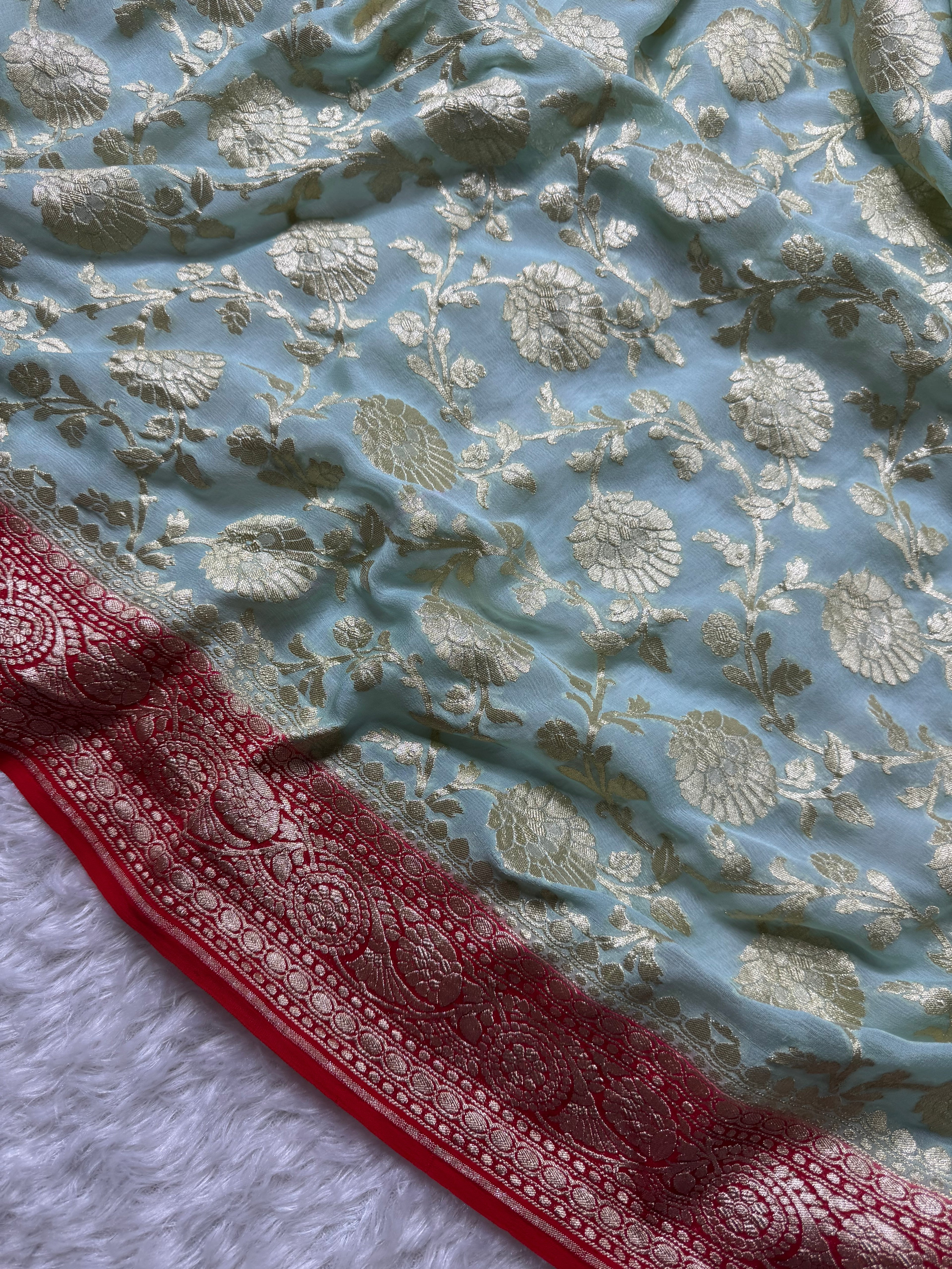 Pastels & Red Pure Khaddi Georgette Silk Banarasi Saree