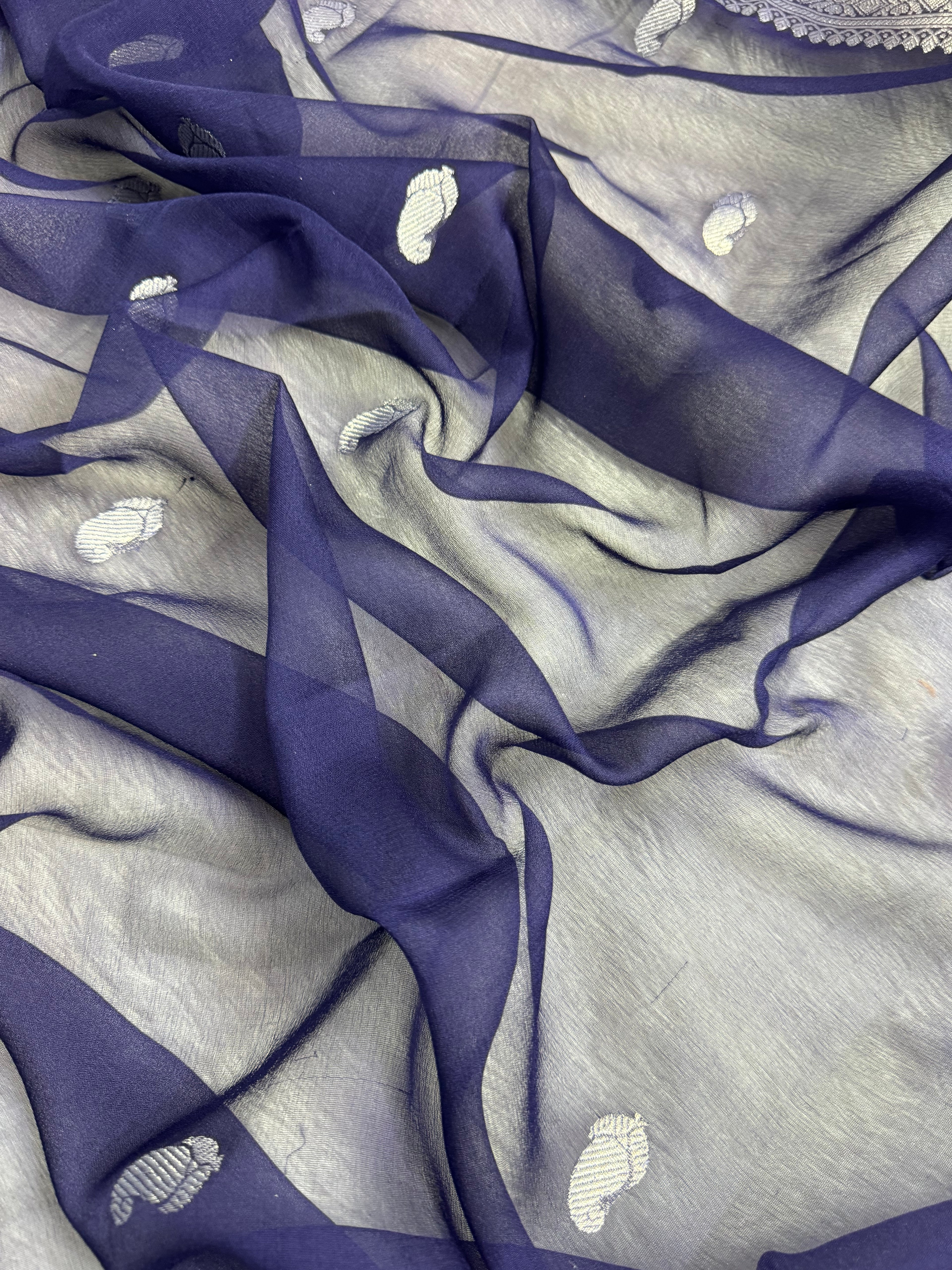 Navy Blue Pure Khaddi Chiffon Silk Banarasi Saree