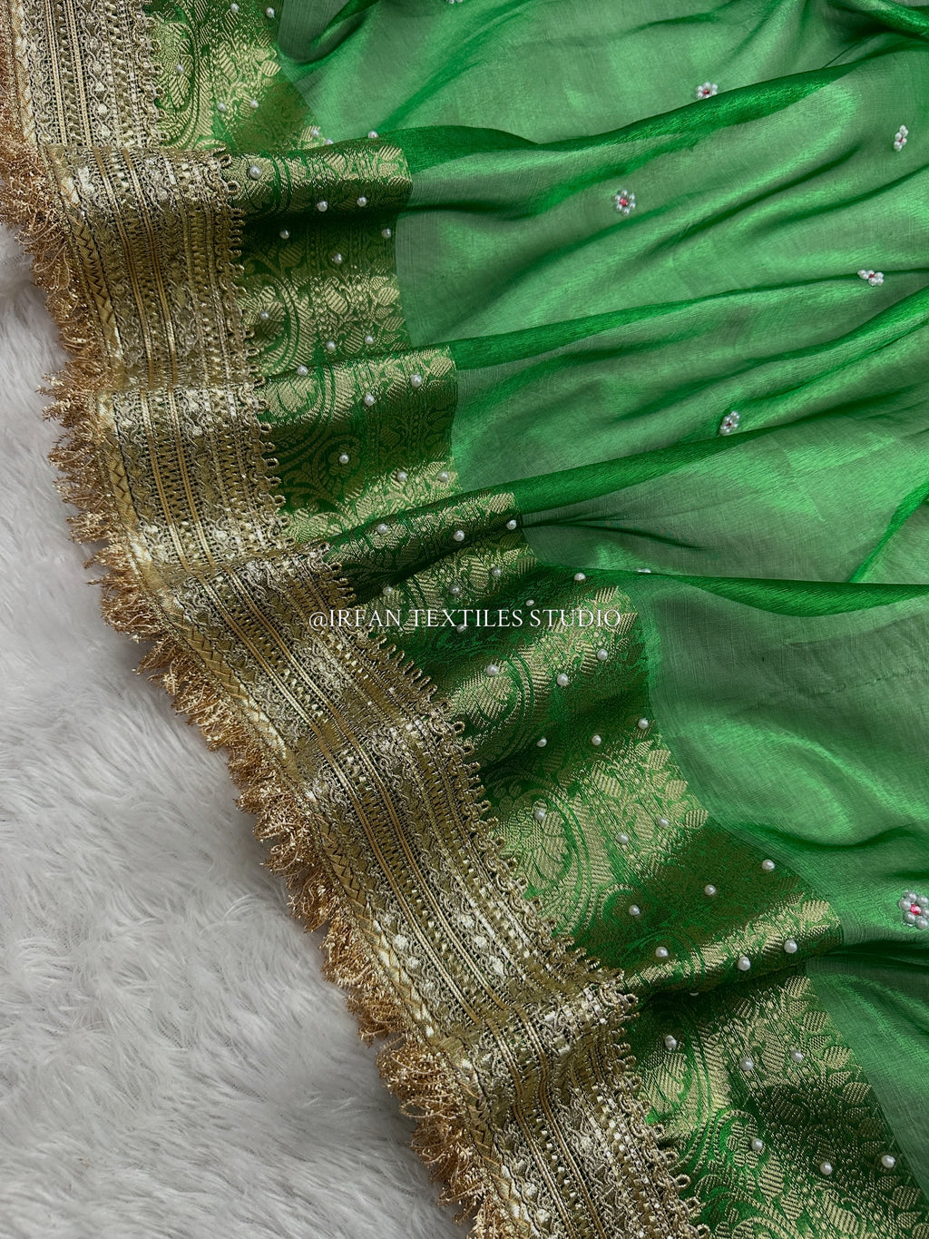 Emerald Green Tissue Silk Banarasi Saree with Pearl Work & Designer Lace Border