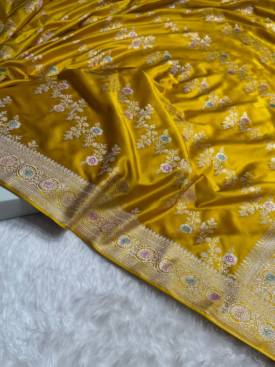 Mustard Yellow Meenakari Mashru Katan Silk Banarasi Saree