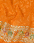 Mustard Orange With Handbrush Pure Khaddi Georgette Silk Banarasi Saree