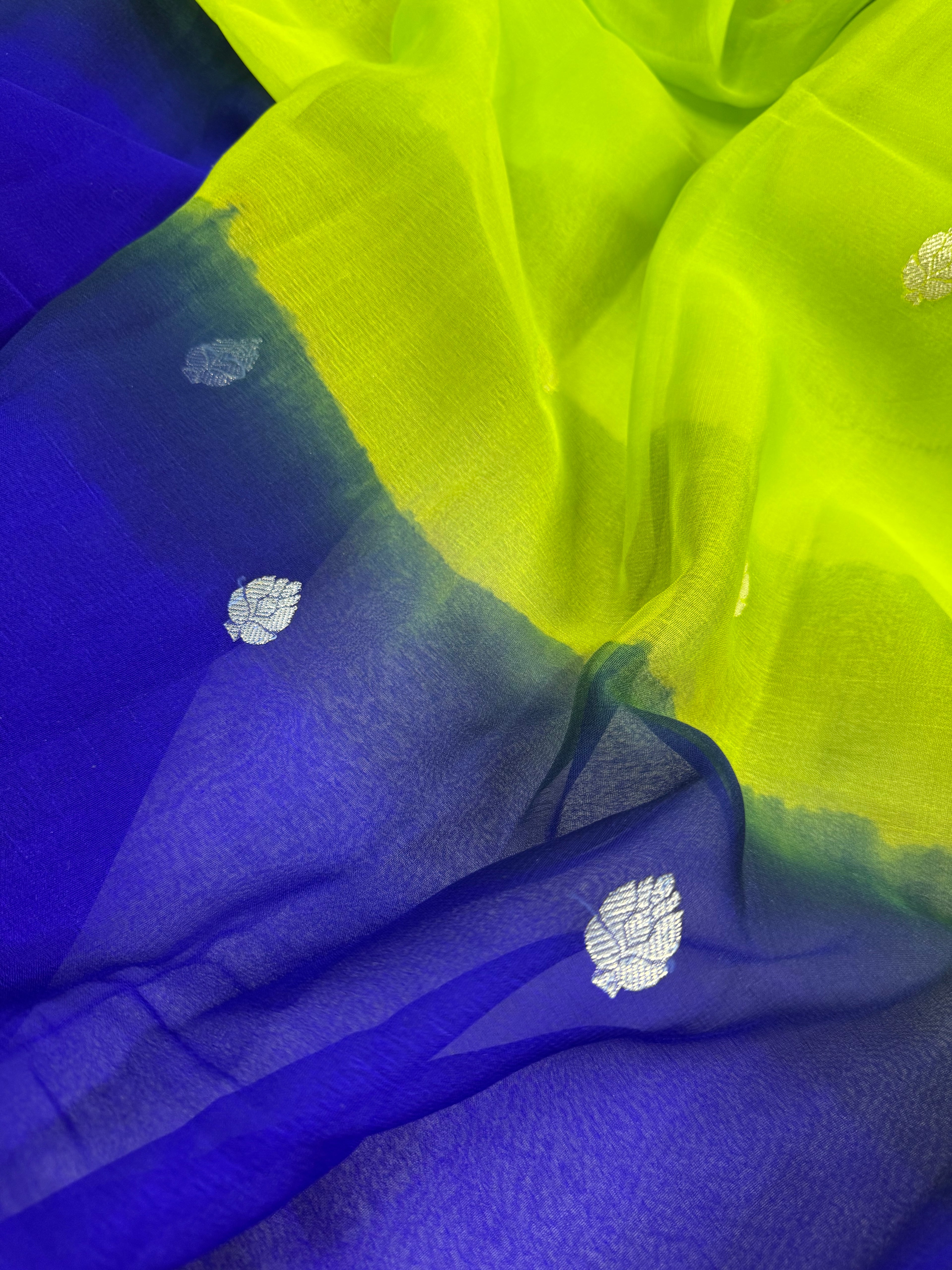 Royal Blue & Parrot Green Pure Khaddi Chiffon Silk Banarasi Saree