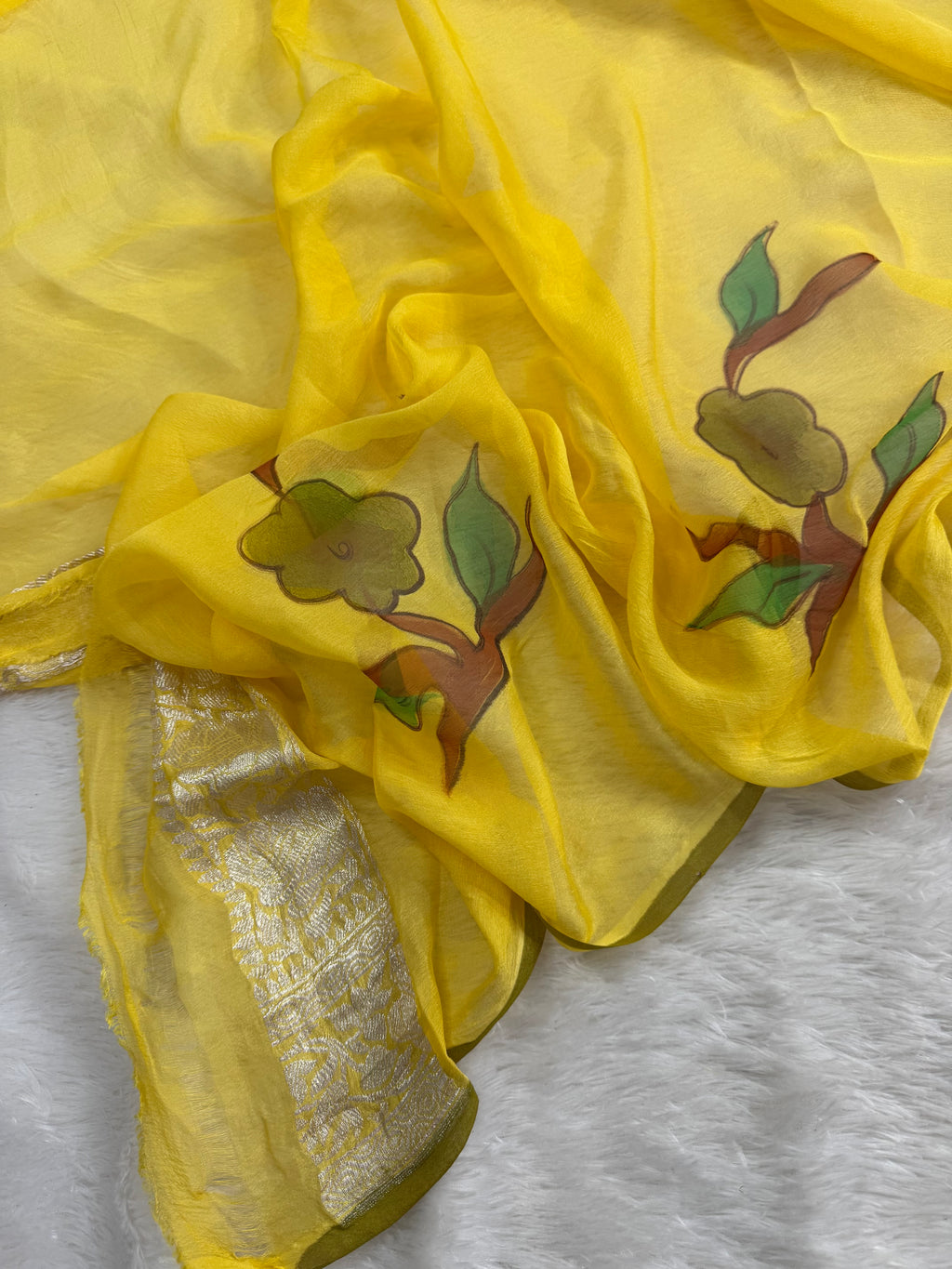 Yellow Handbrush Flowers Jall Designs Pure Khaddi Chiffon Silk Banarasi Saree
