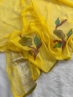 Yellow Handbrush Flowers Jall Designs Pure Khaddi Chiffon Silk Banarasi Saree