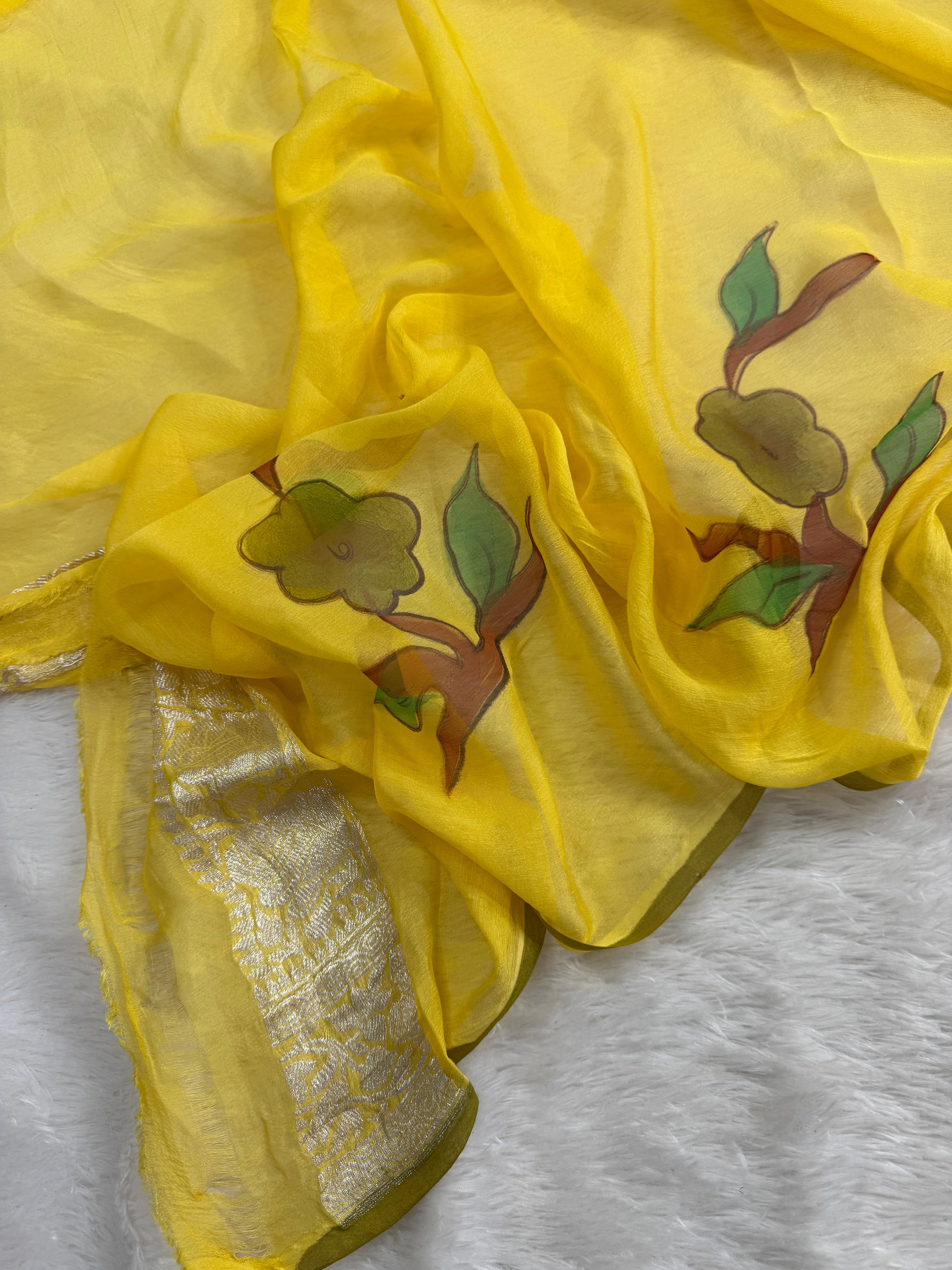 Yellow Handbrush Flowers Jall Designs Pure Khaddi Chiffon Silk Banarasi Saree
