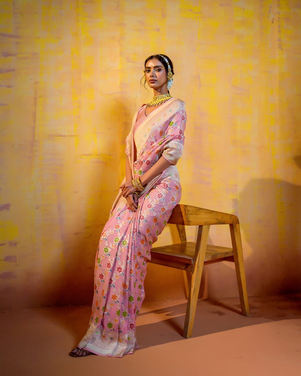 Baby Pink With Handbrush Pure Khaddi Georgette Silk Banarasi Saree