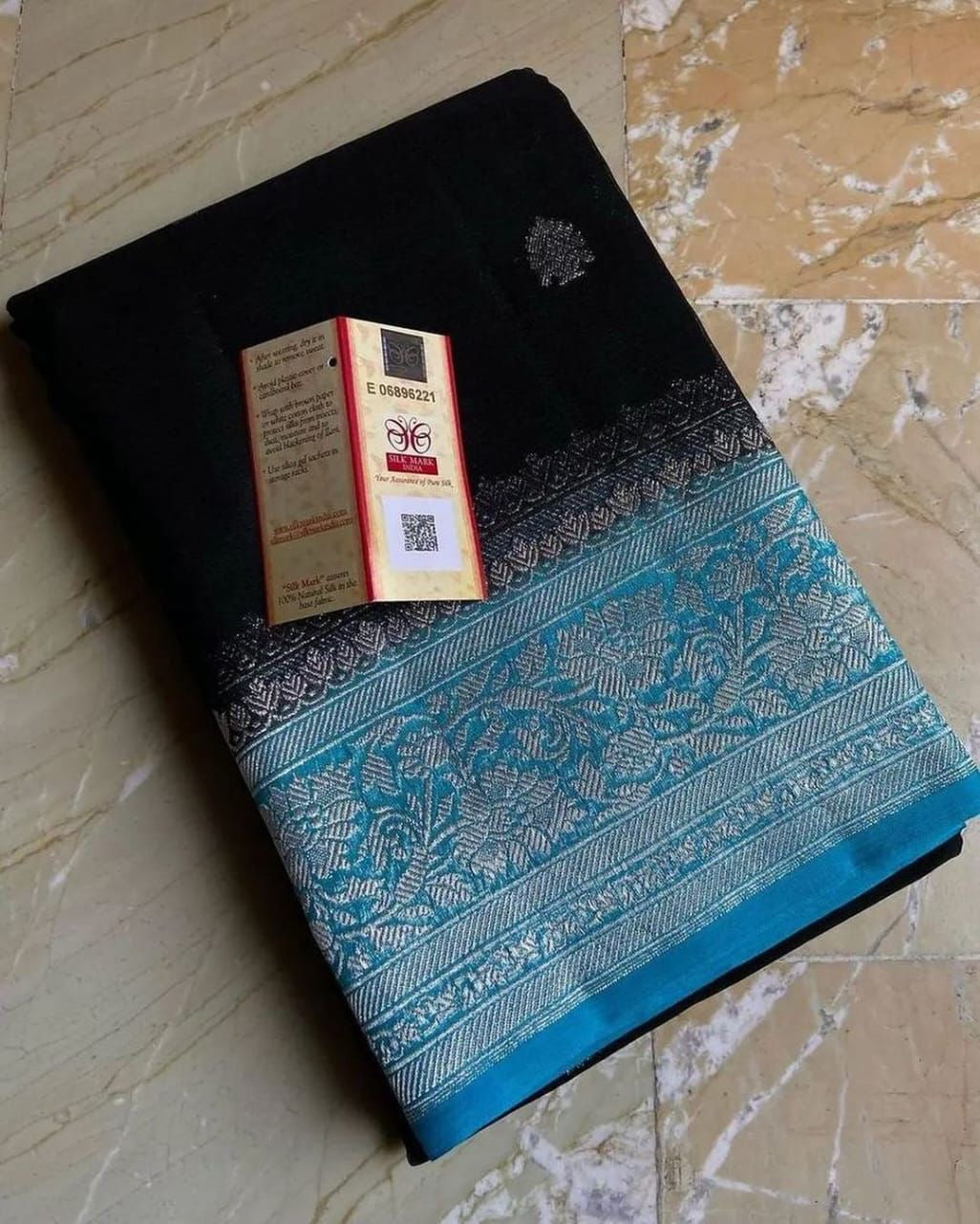 Firozi & Black Pure Khaddi Chiffon Silk Banarasi Saree