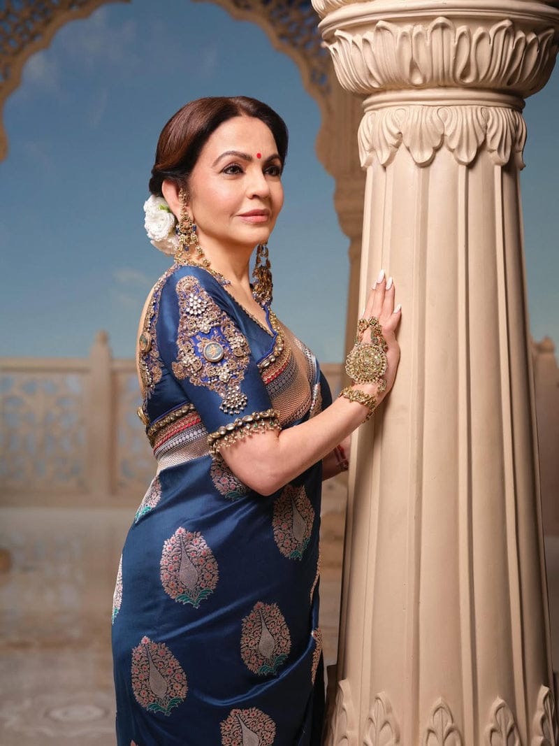 Royal Blue Pure katan Zari Border Aanchal Mina Boota Saree
