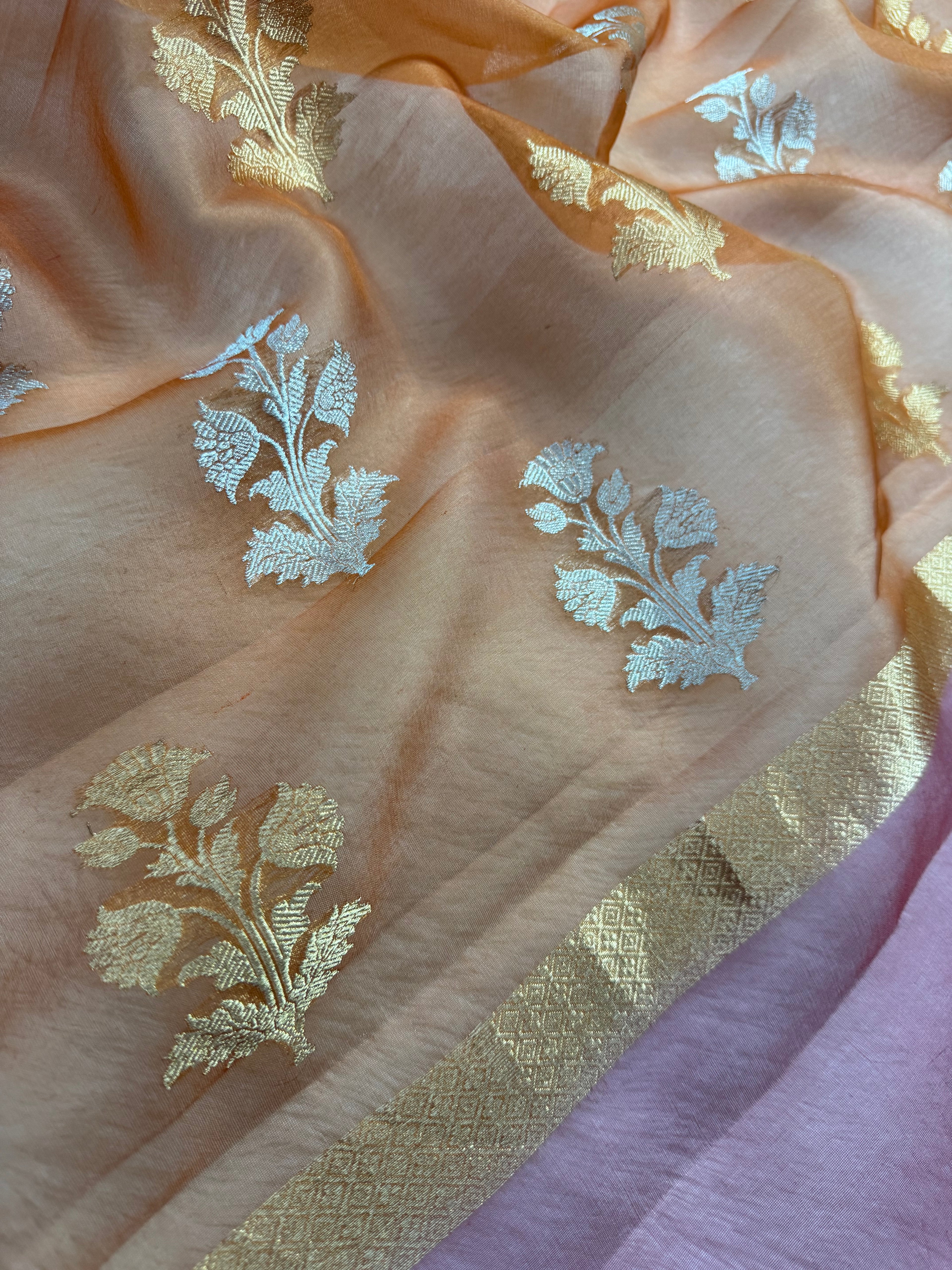 Rangkat Pure Kora Organza Sona & Roopa Zari Stripe Weaving Banarasi Saree