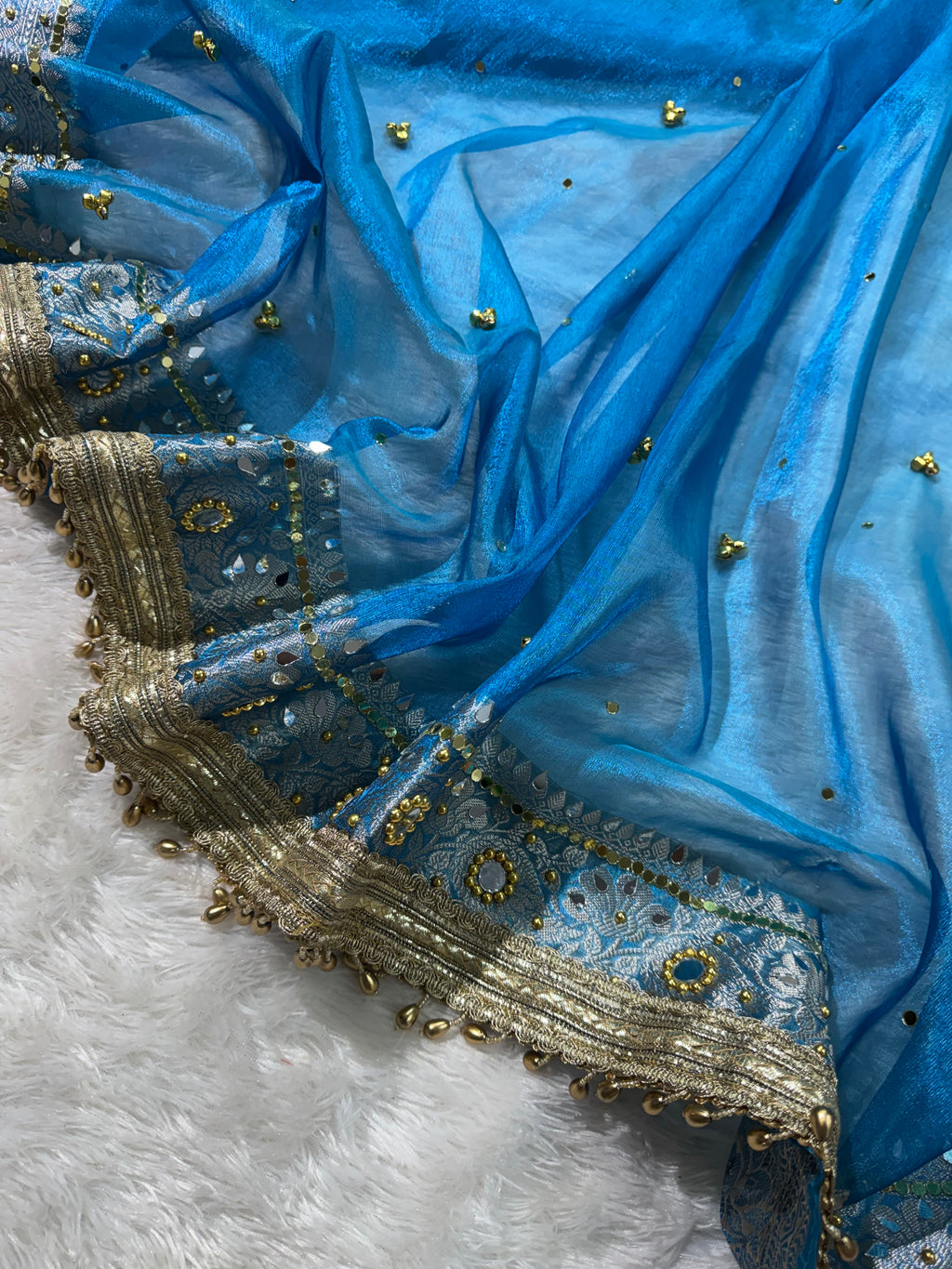 Peacock Tissue Silk Banarasi Saree With Ghungroo & Mirror Work Designer Border Lace Saree