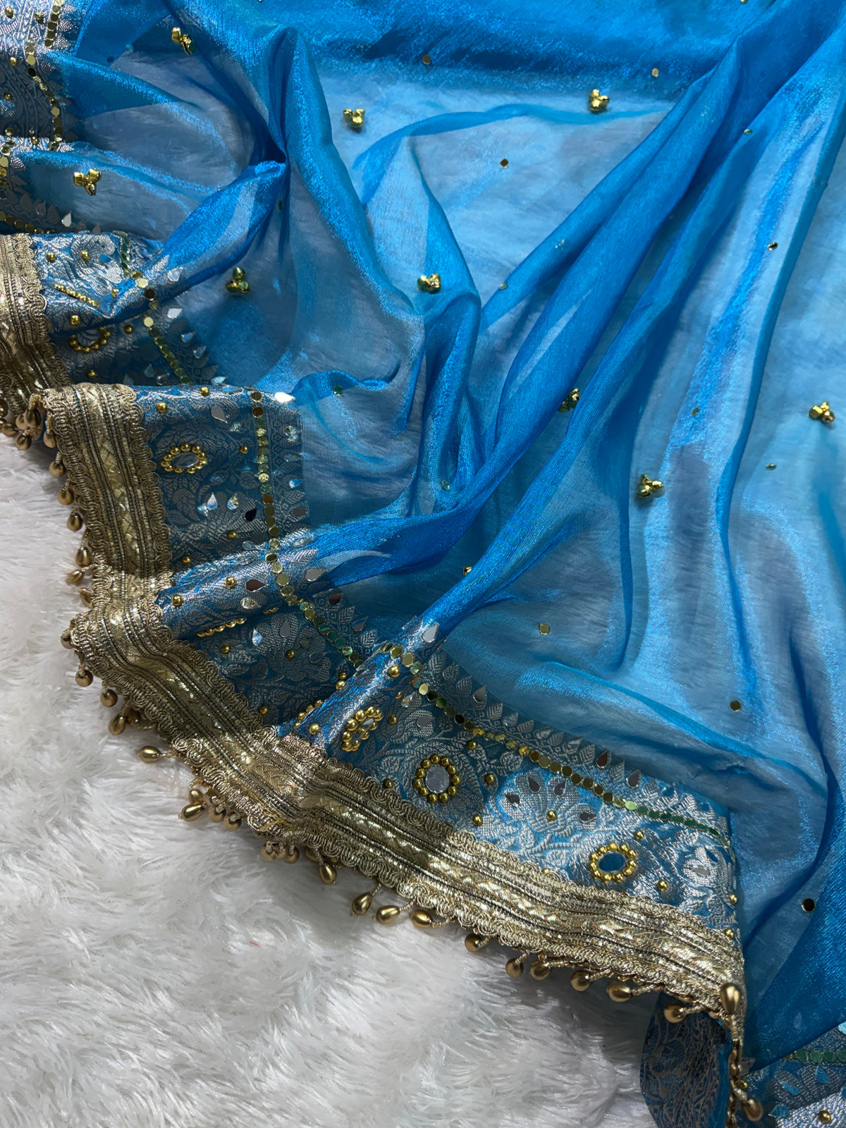 Peacock Tissue Silk Banarasi Saree With Ghungroo & Mirror Work Designer Border Lace Saree