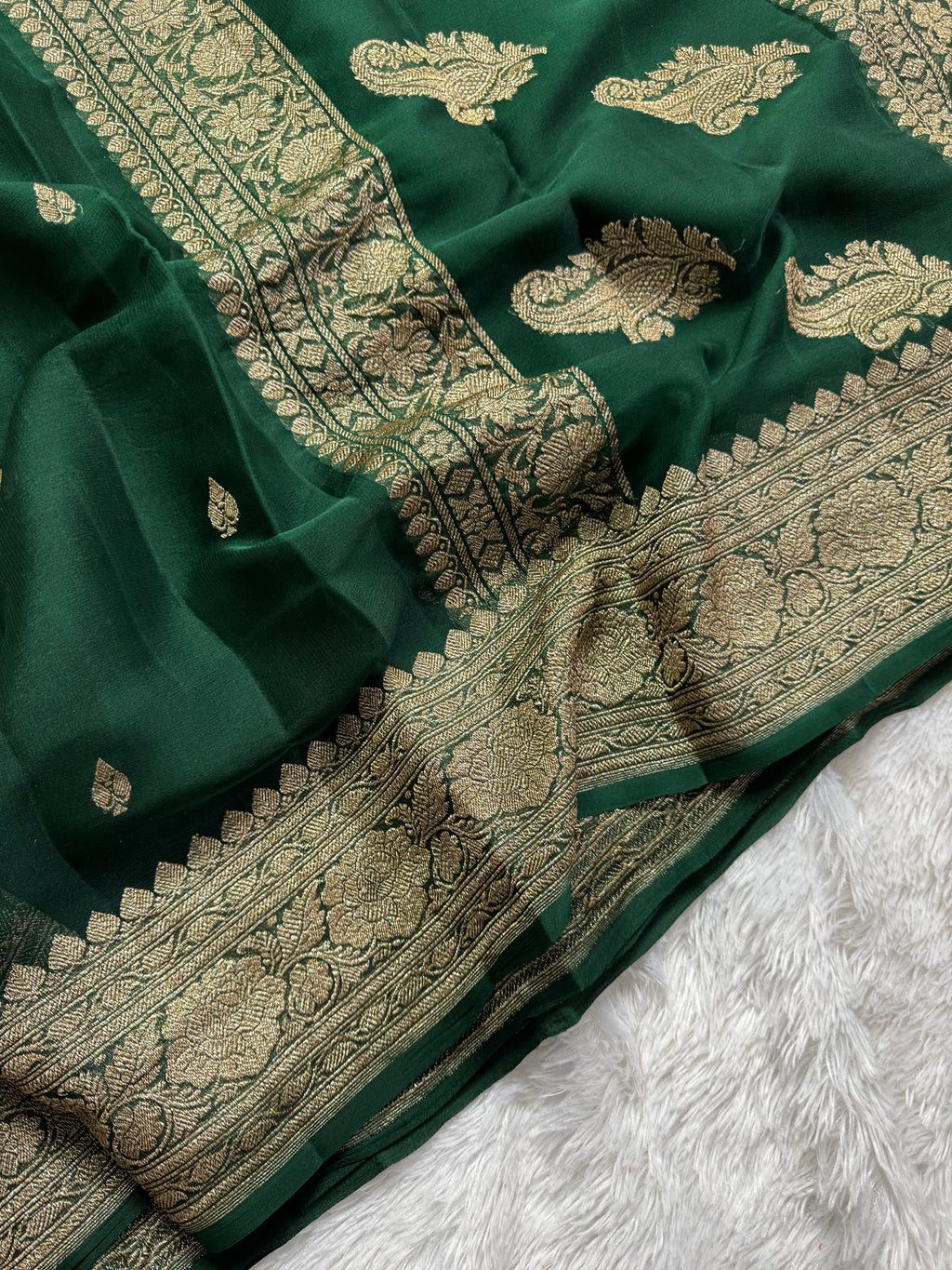 Bottle GreenPure khaddi Chiffon Silk Banarasi Saree