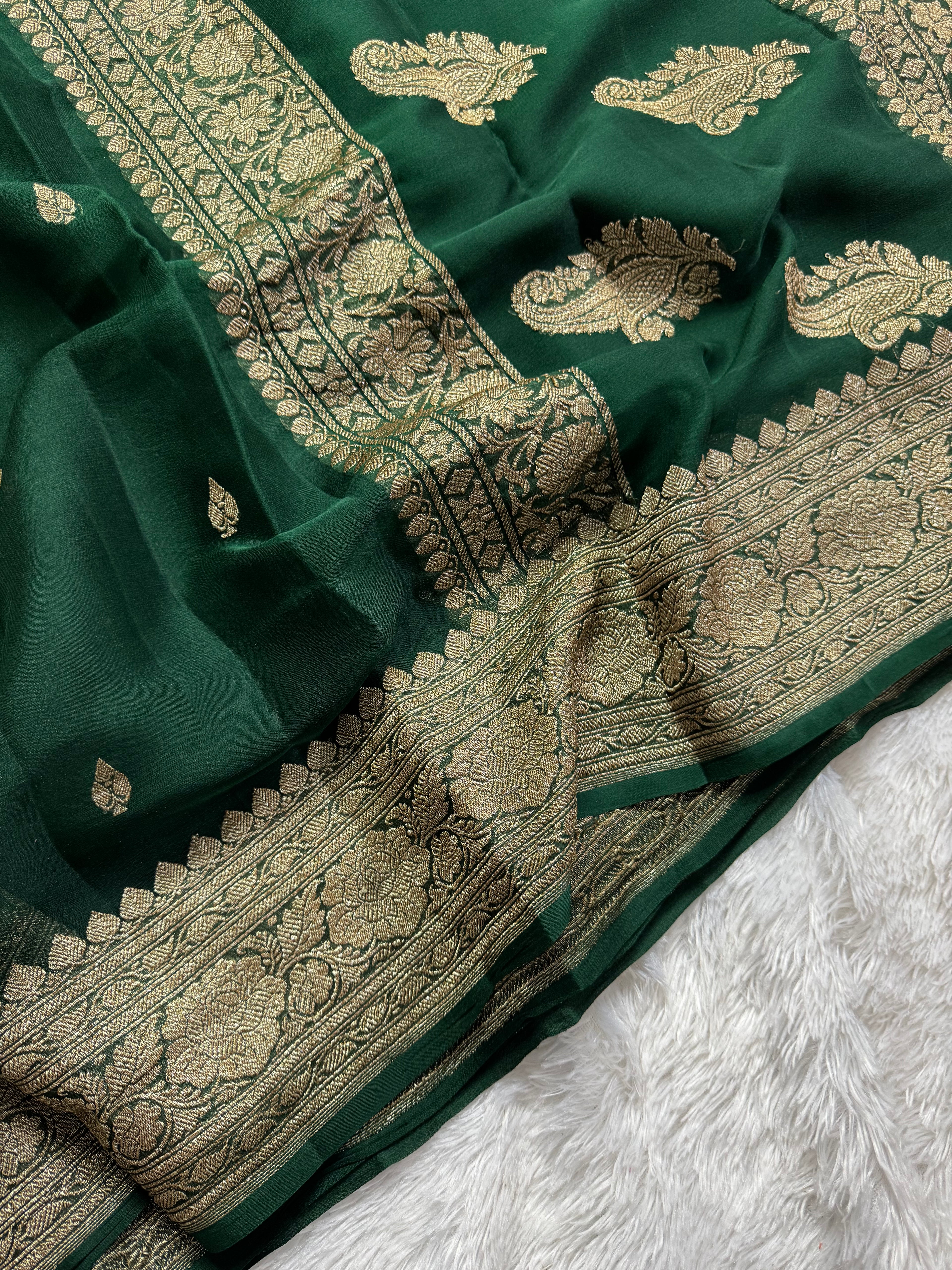 Bottle GreenPure khaddi Chiffon Silk Banarasi Saree