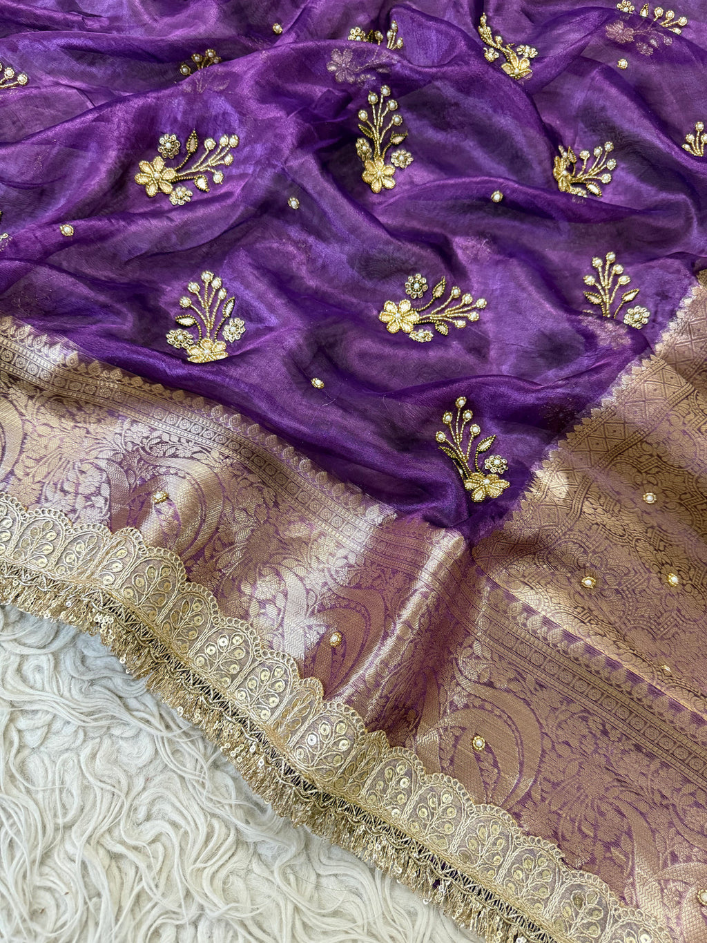 Purple Pure Banarasi Tissue Saree with Hand Work on all over Body with Intricate Border and Pallu Design Along with Gotta Patti Lace Work