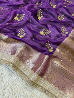 Purple Pure Banarasi Tissue Saree with Hand Work on all over Body with Intricate Border and Pallu Design Along with Gotta Patti Lace Work
