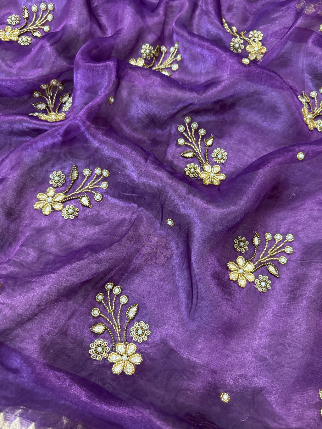 Purple Pure Banarasi Tissue Saree with Hand Work on all over Body with Intricate Border and Pallu Design Along with Gotta Patti Lace Work