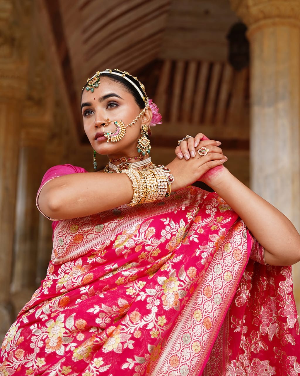 Rani Pink With Handbrush Pure Khaddi Georgette Silk Banarasi Saree