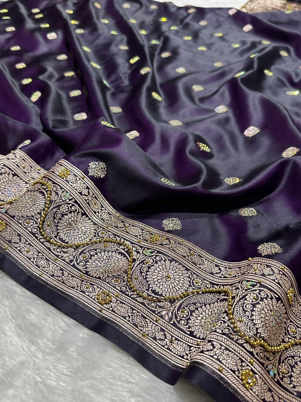 Purple Reign Swarovski Crystals Mashru Katan Silk Banarasi Saree